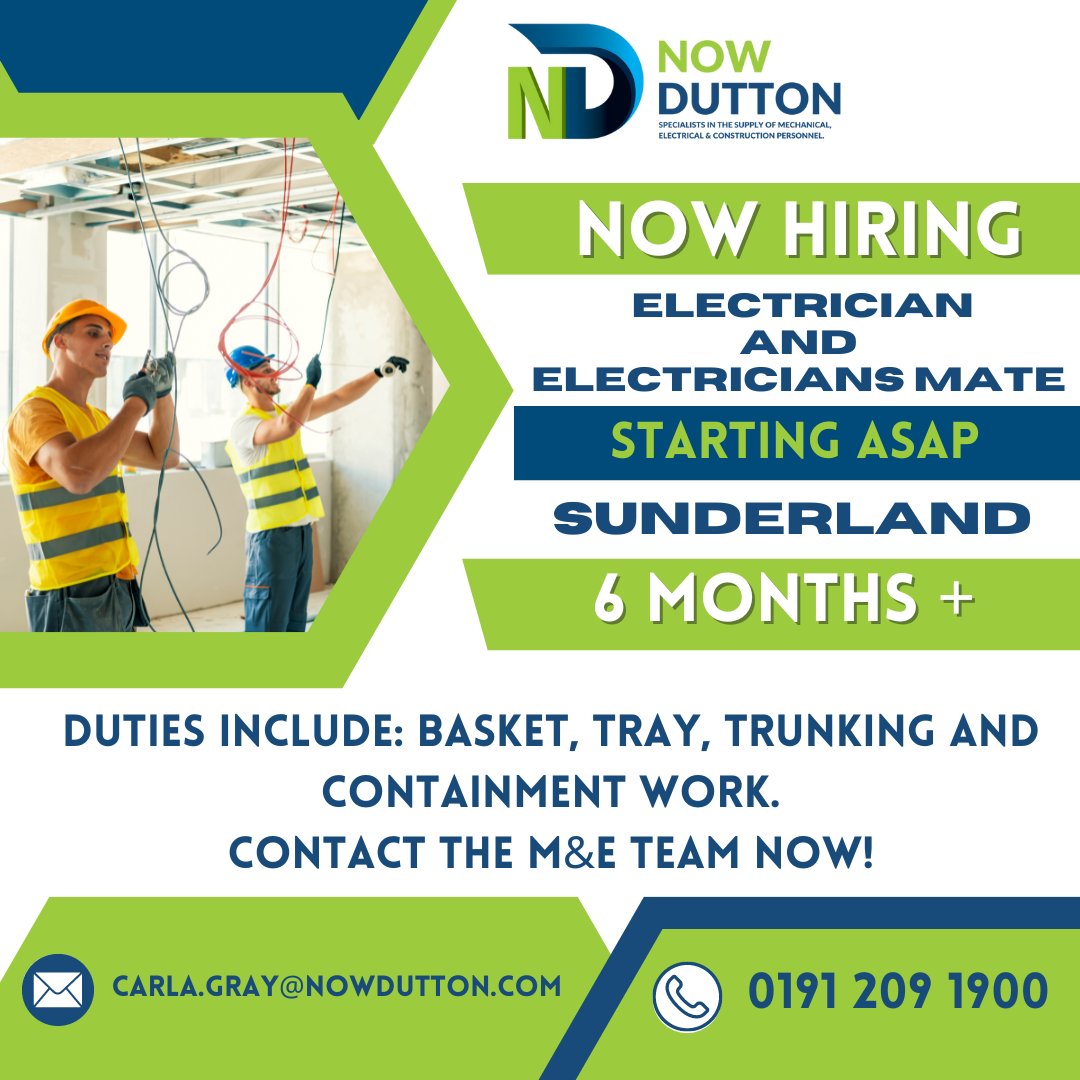 #Electricians and Mates - We have an excellent opportunity for 6 Months + Work based in #Sunderland. Are you looking for your next move? Call our M&E team on 0191 209 1900, or download the NowDutton app to apply online, NOW! 
#DuttonStrong #Mates #NEJobs #SunderlandJobs