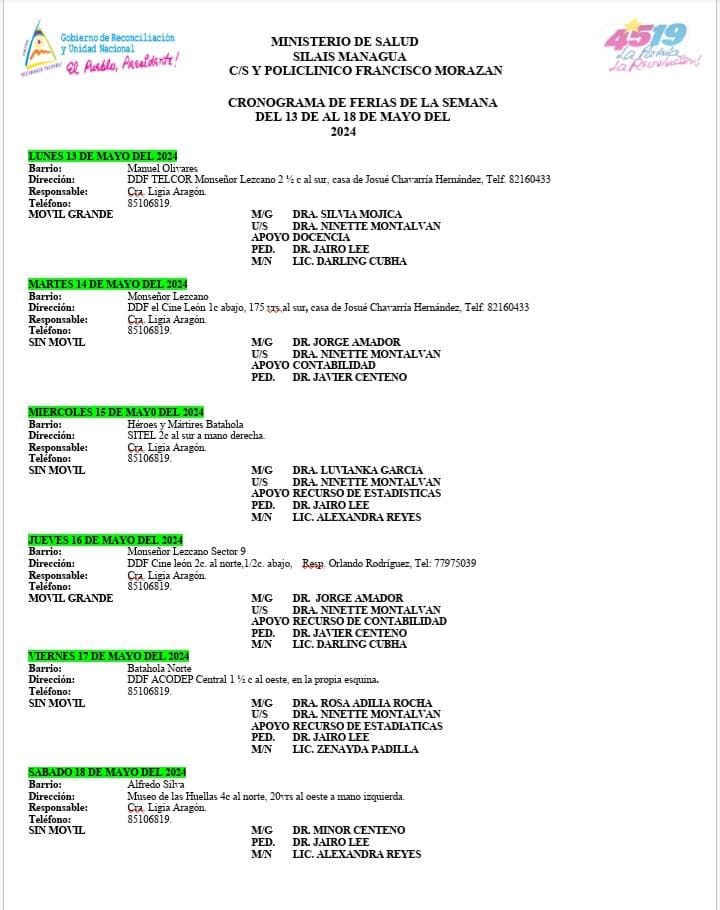 💥MINSA Y SILAIS MANAGUA 📌C/S Y POLICLÍNICO FRANCISCO MORAZÁN ✅️CRONOGRAMA DE FERIAS DE LA SEMANA DEL 13 AL 18 MAYO 2024 @YaderEspinoza01 @RDRFSLN_ @Nzoesilva #UnidosEnVictorias Nicaragua #4519LaPatriaLaRevolución