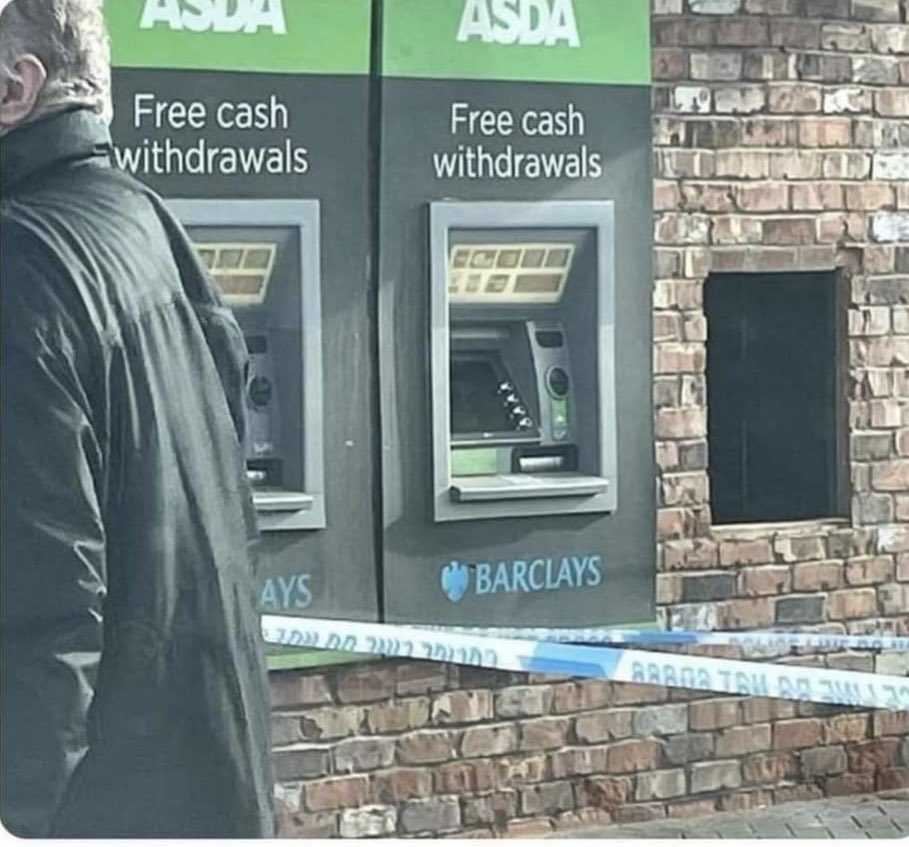 There used to be three cash machines at Bootle Asda. A few years ago they took one away and covered the hole with a metal plate. Someone has taken the metal plate away last night, climbed through the hole and emptied the other two cash machines