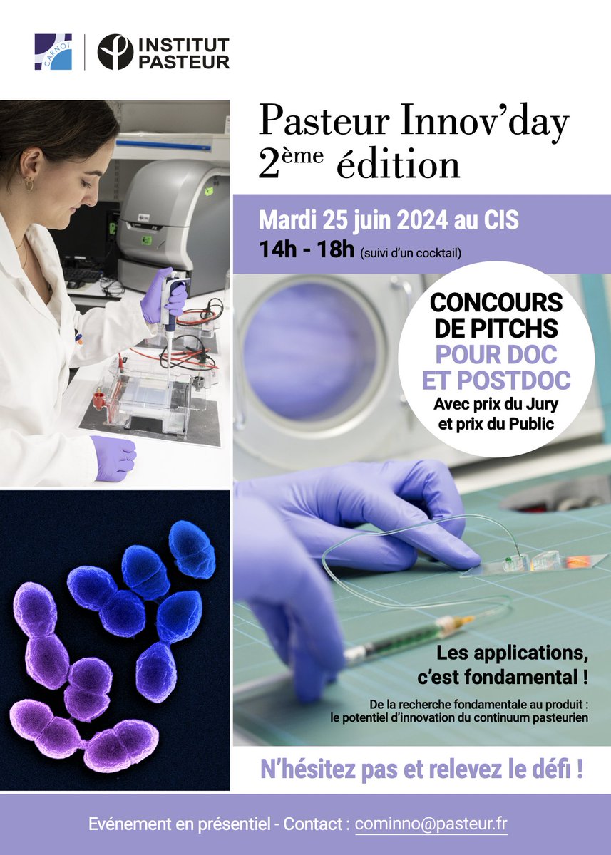 Pasteur Innov'Day 🔬 📅 Mardi 25 juin 2024 - 14h/18h Doctorantes, Doctorants Pasteurien.nes postulez !