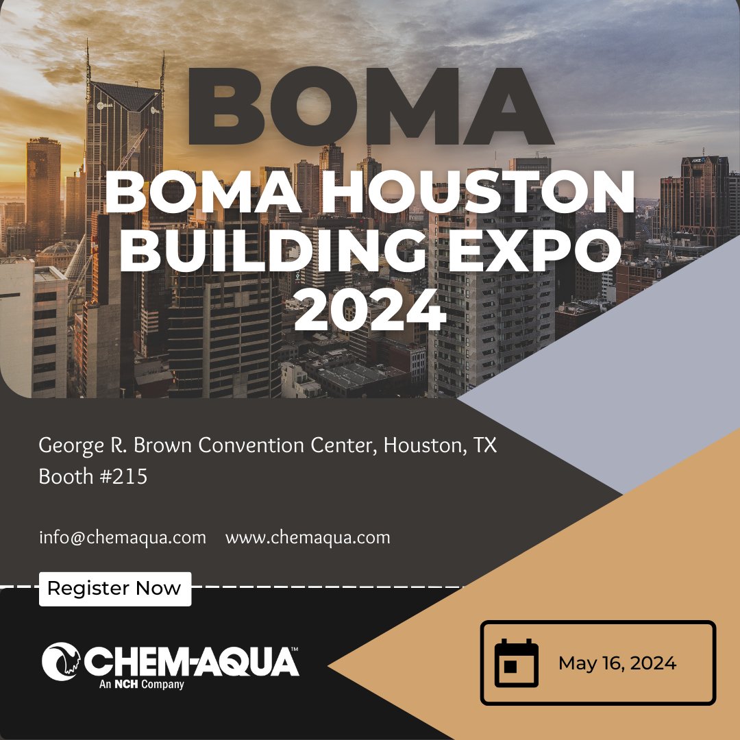 3 more days the 2024 Houston BOMA Expo! Come visit us at Booth# 215. We can't wait to meet you and discuss solutions for you water treatment problems!
#propertymanagement #commercialbuildings #buildingexpo #chemaqua #watertreatment