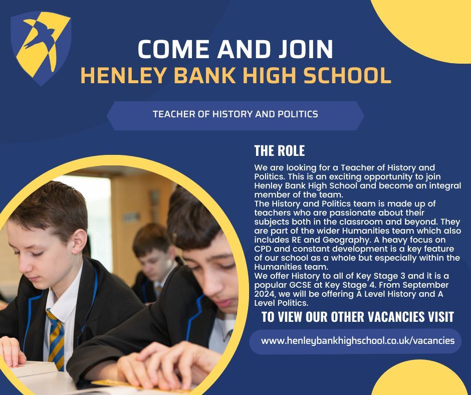 We are recruiting a Teacher of History and Politics to join our school. Closing Date: 17/05/2024 To apply and for more info, please visit: buff.ly/3HOvowT #HBHSCareers