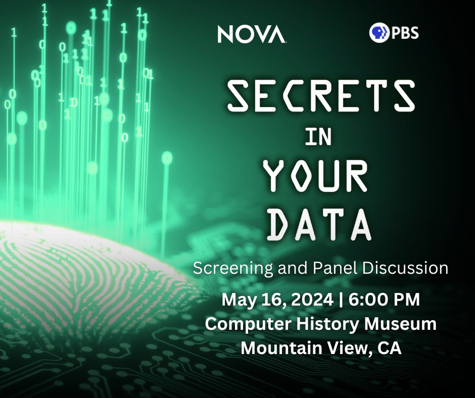 Online, you're likely sharing more personal data than you think. On May 16, join NOVA at the Computer History Museum for a screening of clips from our new film 'Secrets In Your Data' and a discussion featuring experts from the film: bit.ly/4acrFF8 #SecretsInYourData