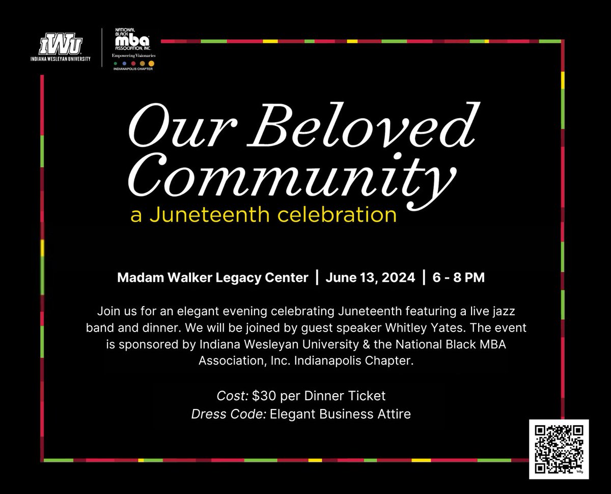 The @nbmbaahq #IndyChapter & @IndWes will be hosting #OurBelovedCommunity, a #Juneteenth #celebration, on 6/13 at the @walkertheatre. @whitleyjyates will be our #guestspeaker. #RSVP by scanning the #QRcode or visiting bit.ly/3wz7YcO. #NBMBAA #nbmbaaindy #indyevents