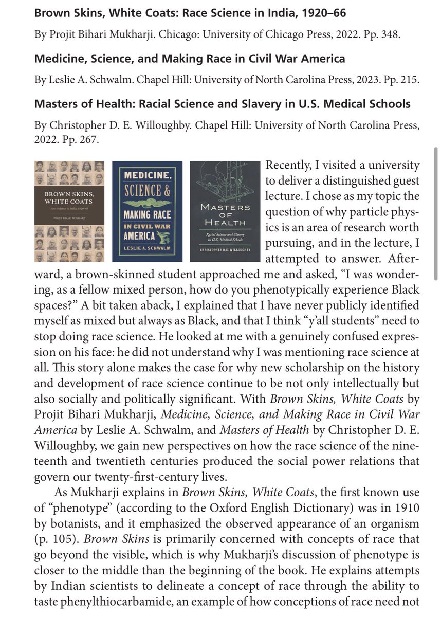 NEW: I reviewed 3 new books on race science, for Technology & Culture! Brown Skins, White Coats: Race Science in India, 1920–66; Medicine, Science, and Making Race in Civil War America; Masters of Health: Racial Science and Slavery in U.S. Medical Schools muse.jhu.edu/pub/1/article/…
