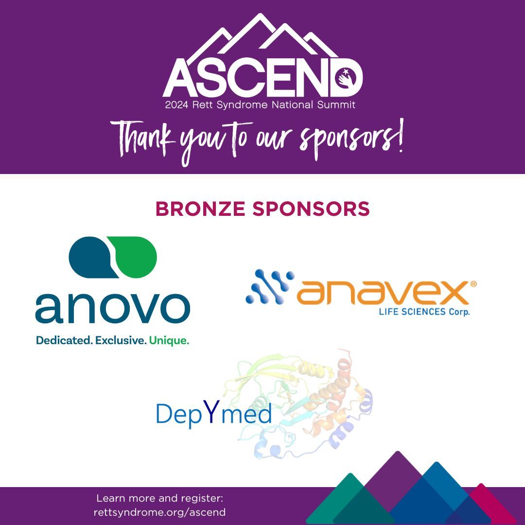 Thank you to Anovo, @AnavexLifeSci, and DepYmed, the bronze sponsors of this year's ASCEND 2024 Rett Syndrome National Summit! Time is running out to register - reserve your spot today at rettsyndrome.org/ascend.