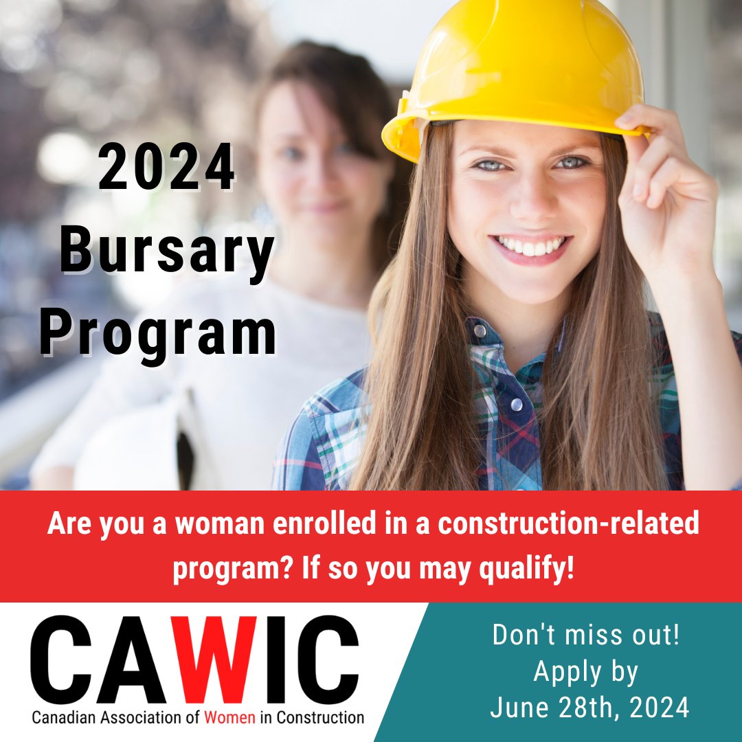 Calling all female students in construction programs! Our 2024 Bursary Program is open! Join us in celebrating 19 years of empowering women in construction. Fuel your passion, join a supportive community, and build a bright future. Don't miss out!