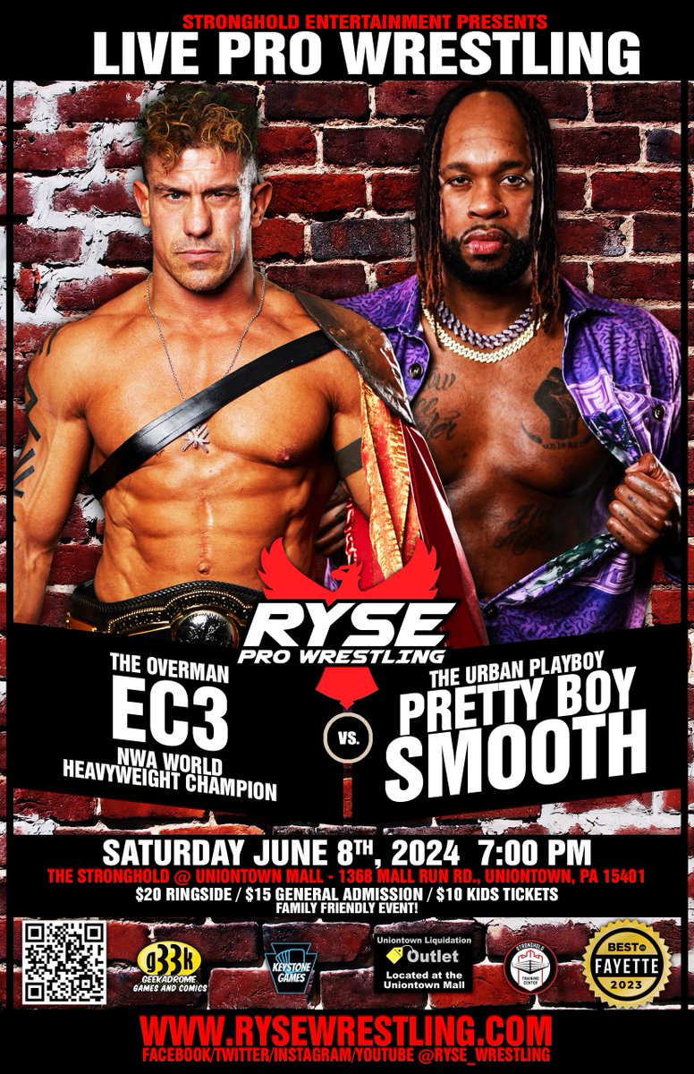 TICKETS ON SALE NOW! June 8th The NWA World Champion EC3 defends against Pretty Boy Smooth. More details to come! Tickets will go fast! Get them now to ensure yourself a seat. Rysewrestling.com #wwe #Prowrestling #AEW #NWA