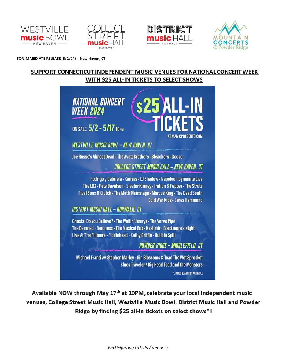 Support College Street Music Hall and the Westville Music Bowl for National Concert Week with $25 all-in tickets to select shows through May 17! manicpresents.com