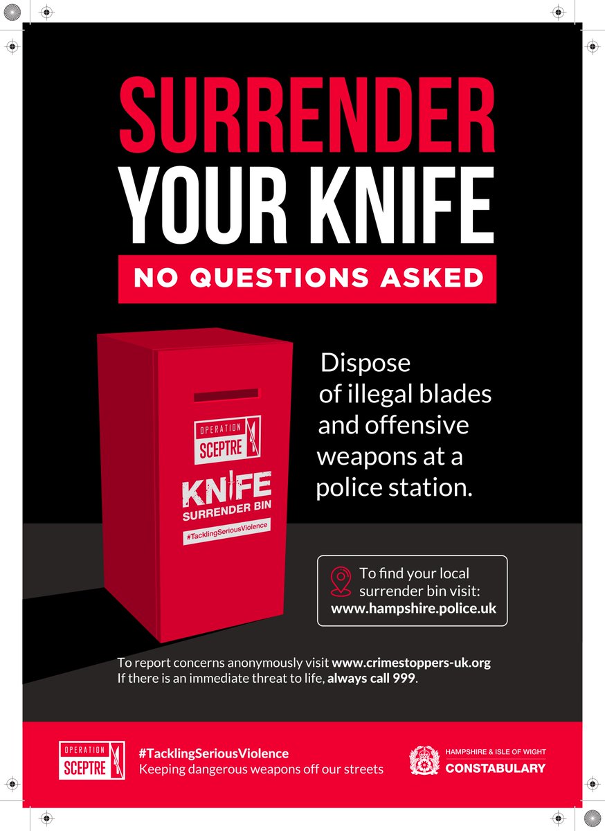 Any banned knives or weapons should not be in your possession or kept inside your home. If you do then you could end up with a criminal record. You can dispose of these in one of our surrender bins orlo.uk/5Pww8 #TacklingSeriousViolence #Op Sceptre