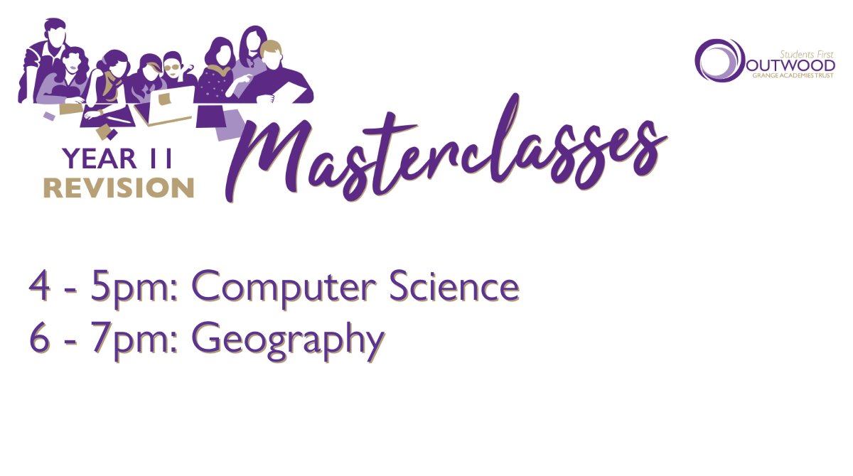 ⏳ TONIGHT! ⏳ Year 11 GCSE Revision Masterclasses! 💜 💻 Hour-long webinars ☑️ Led by expert subject Directors Check out the full timetable for the week ahead here: 🖱️ outwood.com/revision-maste… #OutwoodFamily💜