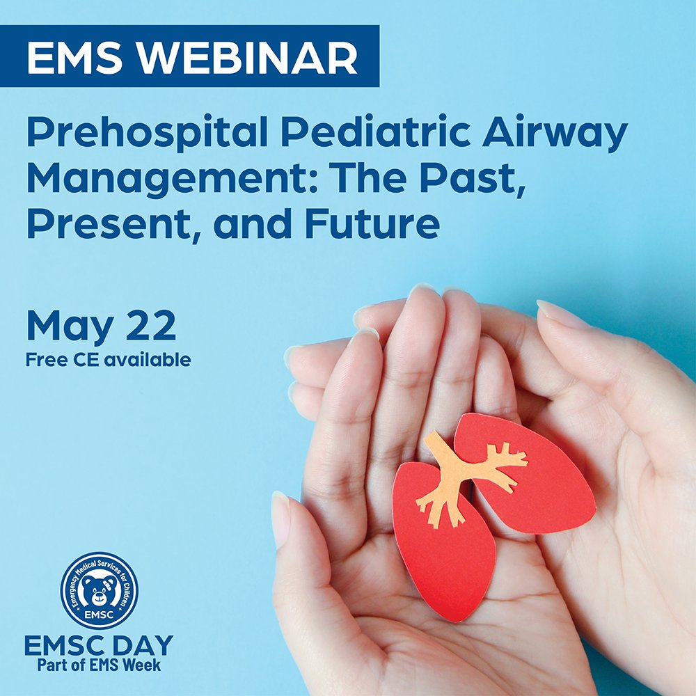 #EMSWeek is almost here! In honor of #EMSCDay on Wednesday, join our webinar on prehospital pediatric airway management! 1.5 hours of free CE available via @ProdigyEMS. Details & registration: ow.ly/xqgo50RyMNZ #EMSCDay @NAEMT_ @Acepnow