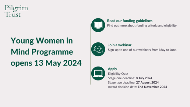 📢Are you a young women’s mental health charity looking for funding?

Learn more about @ThePilgrimTrust’s Young Women’s Mental Health grant programme here⬇️

thepilgrimtrust.org.uk/young-womens-m…