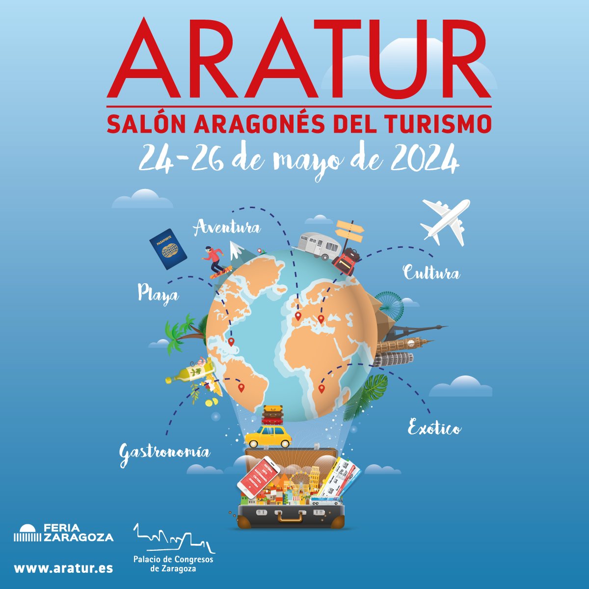 El Salón Aragonés del Turismo #ARATUR se celebra en #Zaragoza del 24 al 26 de mayo. Una oportunidad única para coger ideas para tus próximas vacaciones 🧳🌎 ¡Ven a visitarnos! i.mtr.cool/ypcsixiqld #ZGZtequiere ❤️