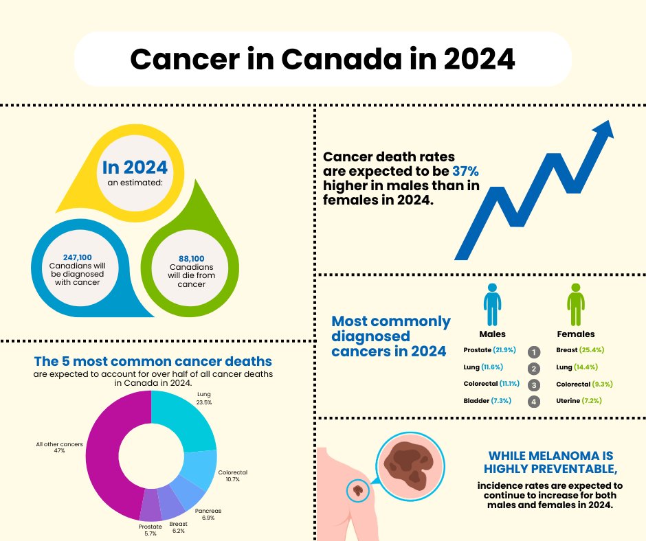 NOW AVAILABLE: The 2024 Canadian Cancer Statistics release is here. Cancer has a substantial impact on the lives of people living in Canada and Canadian health care systems. Projected estimates of cancer in Canada in 2024 is a study published in the @CMAJ. This study