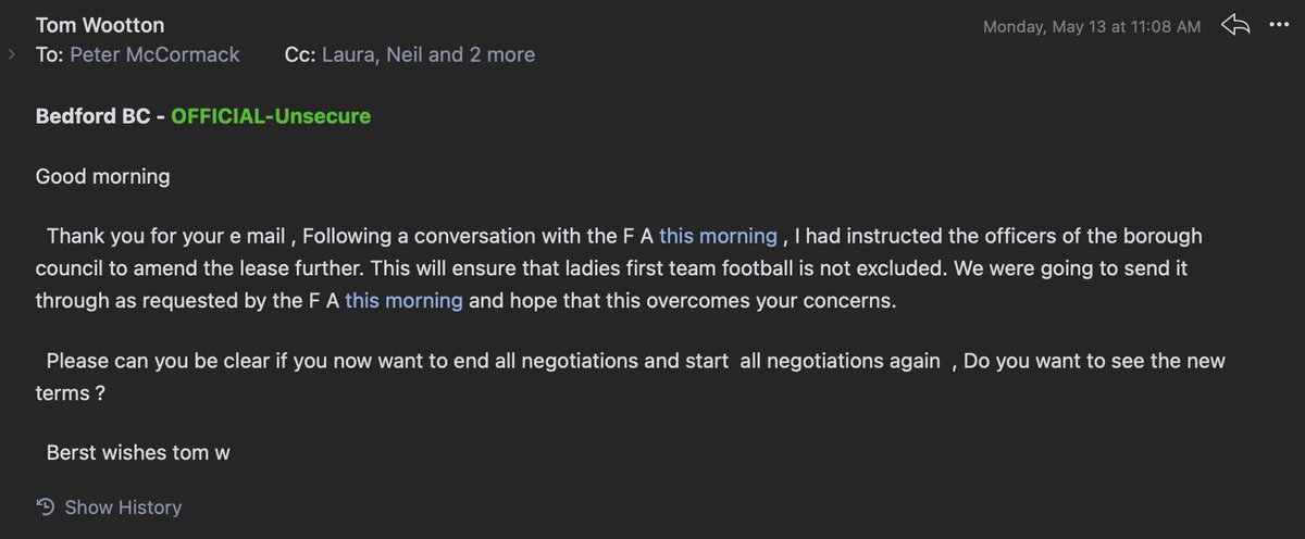 As predicted in our club statement, Mayor Tom Wootton, @Tom4Change has claimed the discriminatory clauses in our lease renewal were an 'error'. This is a lie! Beds FA, @BedsFA, spoke to the Mayor this morning and the Mayor said that if they ladies want to play football there