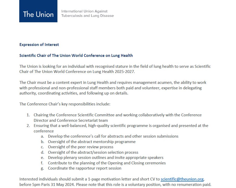 We are looking for someone to join us as Scientific Chair of our World Conference on Lung Health 2025-2027. Help us by contributing to the scientific content of our annual conference. For a role description and information on how to apply, please visit: rb.gy/i6ky5i