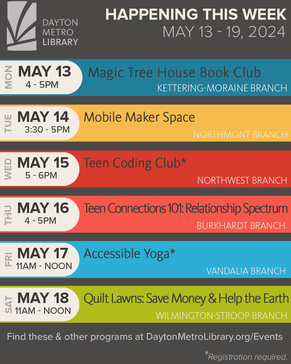 Welcome to a fresh new week full of programs from Your Library. Here are just a few things you can expect at the Library this week. All Events: ow.ly/G9BK50RC1aK Register for Teen Coding Clubs: ow.ly/ZnZW50RC199 Register for Accessible Yoga: ow.ly/PkHt50RC198