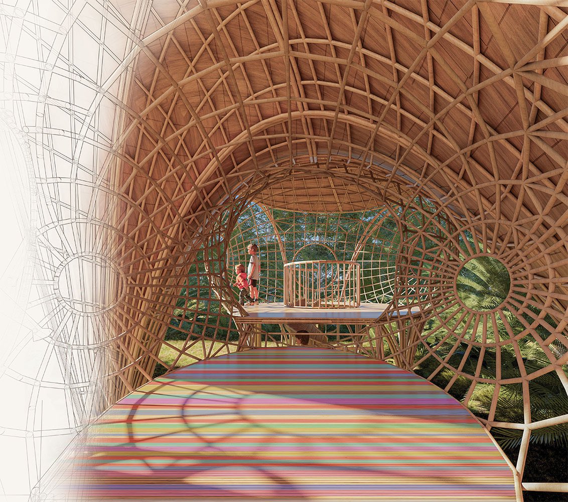 Ex-play-ment features multiple levels connected by a woven grid-shell bamboo structure.

parametric-architecture.com/ex-play-ment-f…