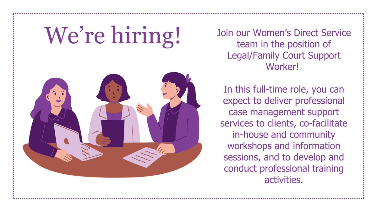Join our Women’s Direct Service team in the position of Legal/Family Court Support Worker! This is a full-time position based out of our Oshawa office and Durham Region satellite offices. Learn more about this position: ow.ly/nOG750RCuOm #Hiring #JobAlert #DurhamRegion