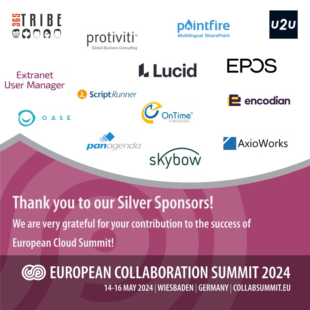🌟 A HUGE Thank You to Our Silver Sponsors!

#EuropeanCollabSummit #SilverSponsors  #Support #communityrocks

<a href="/your365tribe/">365Tribe</a> <a href="/AxioWorks/">AxioWorks Ltd</a> <a href="/encodian/">Encodian</a> @eposaudio @extranet_user_manager @lucidsoftware @oase-office <a href="/ontimesuite/">OnTime Group Calendar</a> <a href="/panagenda/">panagenda</a> <a href="/pointfire/">PointFire SharePoint Solutions</a> @protiviti <a href="/scriptrunner/">Scriptrunner</a> <a href="/skybow/">skybow</a> <a href="/u2u/">U2U Team</a>