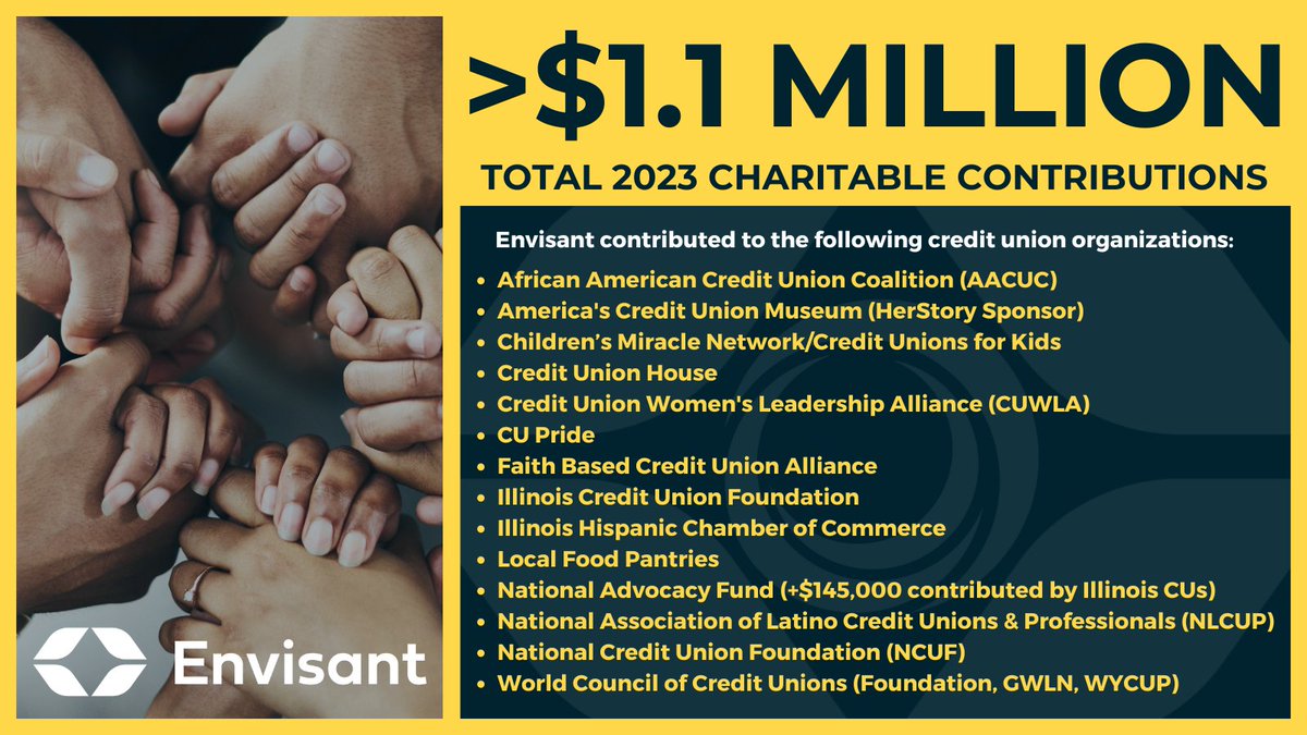 At Envisant, we are committed to the #PeopleHelpingPeople movement! In 2023, we proudly contributed over $1.1 million to organizations within the #creditunion industry. 💙 Giving back to our communities furthers us along in our mission to help you 🌟 #AchieveYourVision.