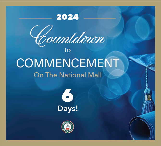 Countdown has started! Conveniently reserve parking ahead for all commencement events using our parking locator at ecolonial. #countdowntocommencement #gwcommencement #gwuniversity #colonialparking