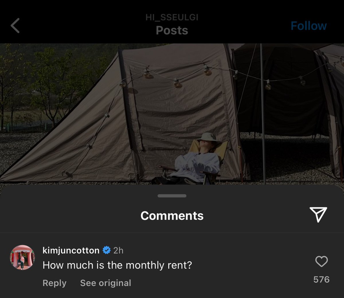 lmfaoooo kimjuncotton’s comment on seulgi’s ig post 😂

🐰: how much is the monthly rent?