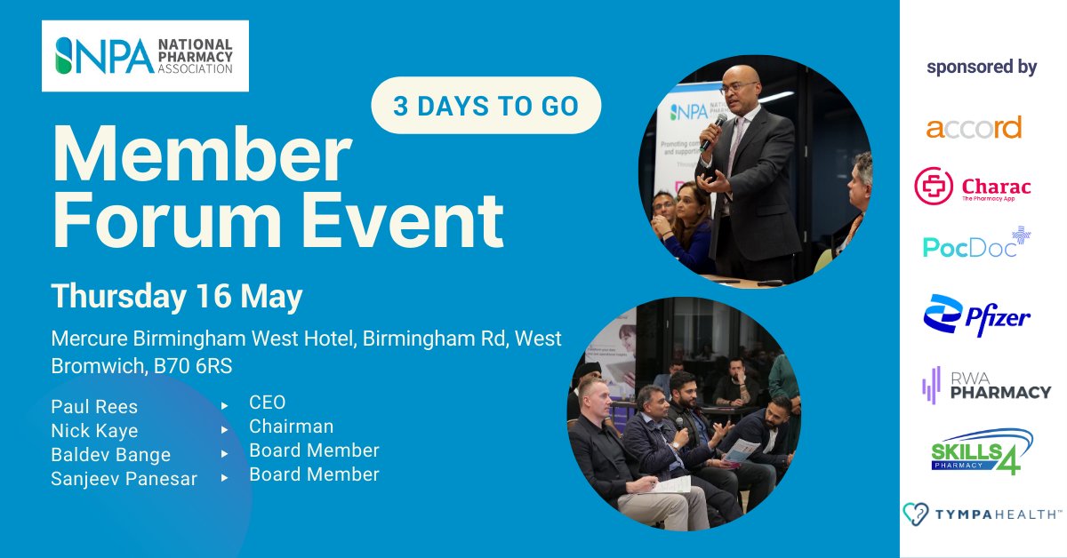 3 days to go ⏰ Our free event takes place this Thursday in #Birmingham. 💬Discuss our campaign work 📝Learn about Pharmacy First 🗣️Enjoy dinner + networking 🎤Hear from @PaulReesMBe, @nkpharmacy, @SanjPanesar & Baldev Bange. Reserve your space now: npa.co.uk/npa-member-eve…