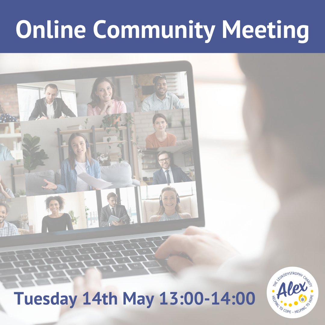 Join us tomorrow for our online community meeting A chance to meet others in a similar situation, ask for advice and get support from people who truly understand the challenges you face 💙 To join, email info@alextlc.org #alextlc #helptocope #helptohope #leukodystrophy