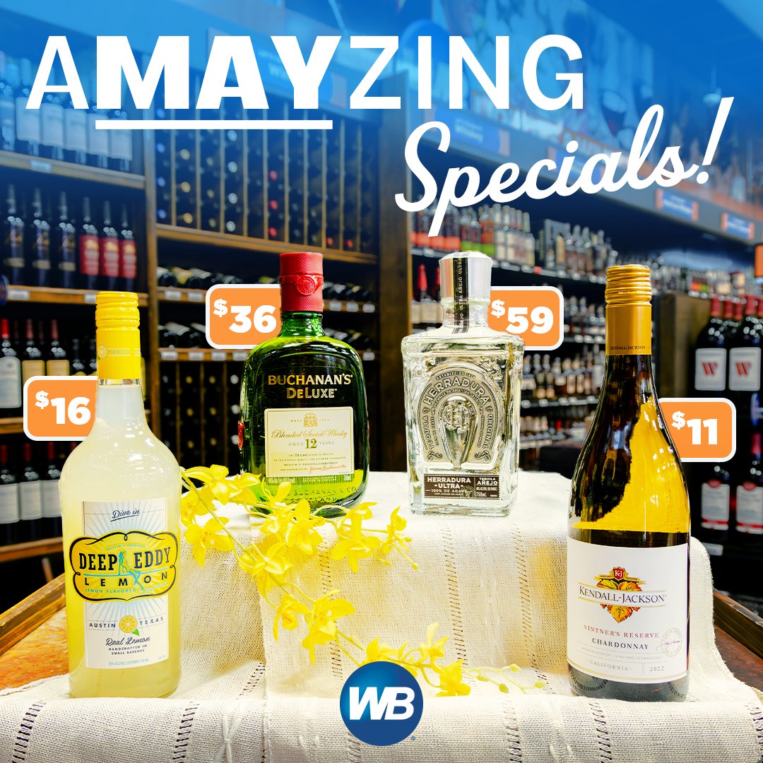 Stock up for your next celebration with our aMAYzing specials, available all month long. 😎🍻  
☀️ $11 Kendall Jackson Chardonnay 750mL 
☀️ $16 Deep Eddy Vodka 750mL (all flavors) 
☀️ $36 Buchanan's 750mL 
☀️ $59 Herradura Ultra Añejo 750mL 
 #HomeBar #TequilaLovers #VodkaLovers