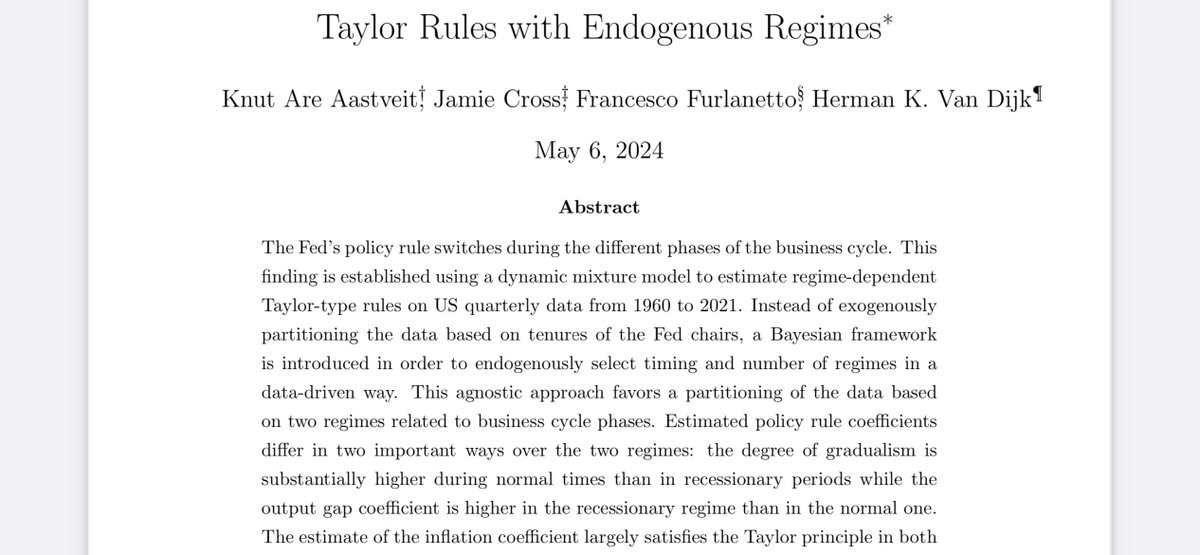 🥁🥁NEW WORKING PAPER ALERT🥁🥁

Taylor Rules with Endogenous Regimes

with Knut Are Aastveit 🇳🇴, Jamie Cross 🇦🇺 and Herman Van Dijk 🇳🇱 norges-bank.no/contentassets/…

Main result: monetary policy gradualism is high in recoveries and low in recessions.

#econtwitter 1/N