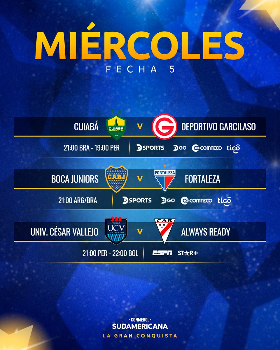 🤩 Continúa la Fecha 5 de la CONMEBOL #Sudamericana 🏆 📅📺 Horarios y TV de los partidos del miércoles #LaGranConquista