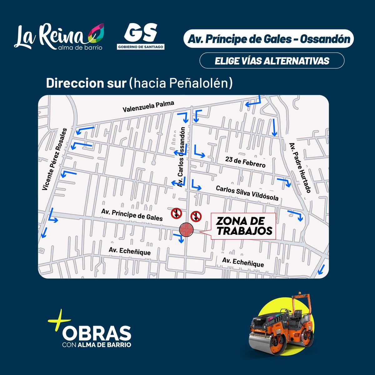CIERRE CRUCE AV. PRÍNCIPE DE GALES - OSSANDÓN ✅ 

Este miércoles 15 de mayo comienza la etapa más intensa de reparación de una de las intersecciones con mayor daño en sus pavimentos. 

Se cerrarán pistas vehiculares. Es fundamental programarse y considerar vías alternativas 🚧👷🏼‍♂️