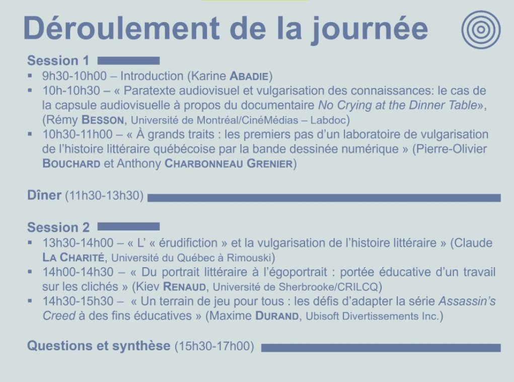 AcfasScHumaines's tweet photo. Voici le programme de la journée pour le colloque 309, intitulé « Vulgariser les études littéraires et culturelles », au 91e Congrès de l'Acfas. #AcfasC309 https://t.co/5RJxpzTPhK