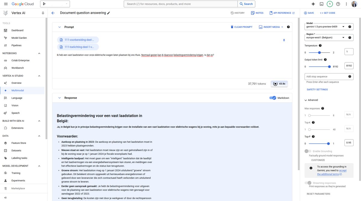 Kan AI me helpen mijn belastingaangifte invullen? Ja hoor! Toelichtingsdocument (132 blz, 59k woorden) en voorbeeldaangifte (14blz, 8k woorden) gedownload van financien.belgium.be en geüpload naar Google storage. Gemini 1.5 pro (die tot 1m tokens kan verwerken) doet de rest!
