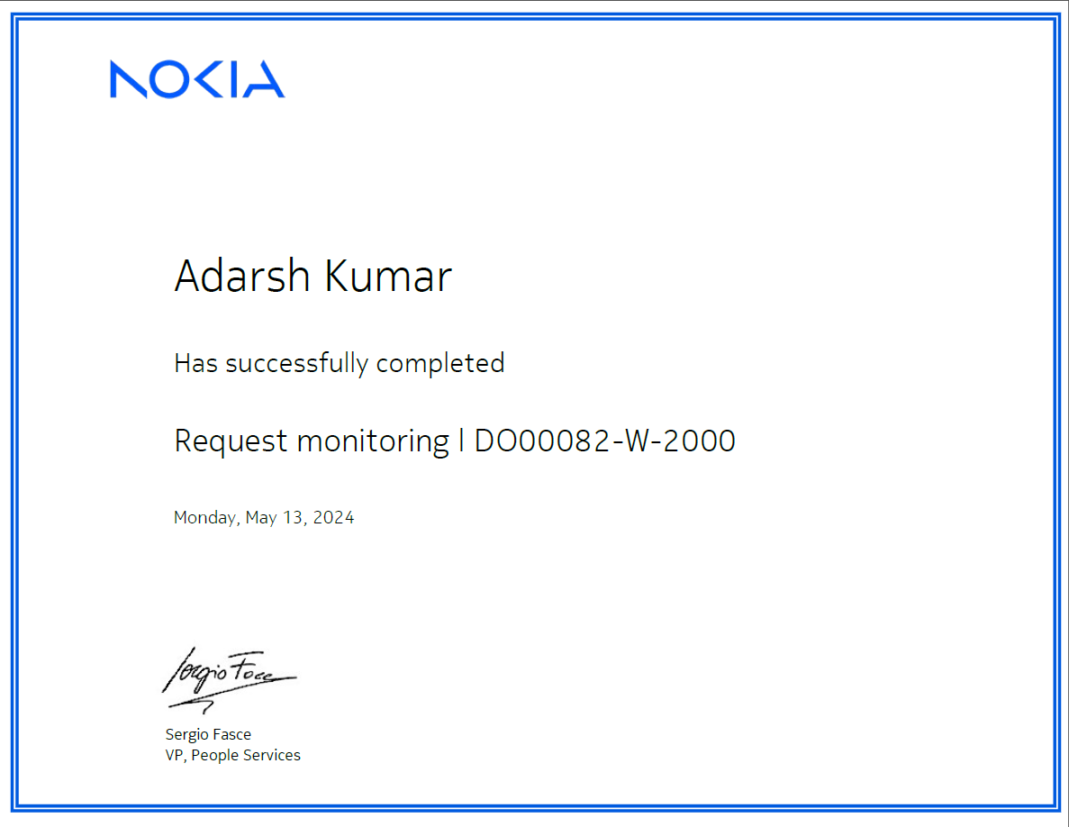 AdarshKumar206's tweet photo. Hello Coders, I have successfully completed Request Monitoring Certification from #nokia #remotejobs #remotework #work #learning #flowone #connect #remote #LearnInPublic #buildinpublic #certification https://t.co/yJZWbcjhen