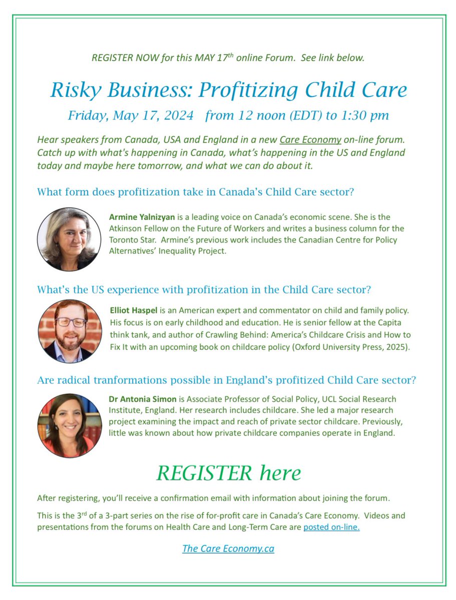 Tune in on Friday, May 17, 2024 from 12 noon (EDT) to 1:30 pm to hear The Care Economy’s Zoom discussion on the Dangers of Child Care Profitization. sfu.zoom.us/meeting/regist…