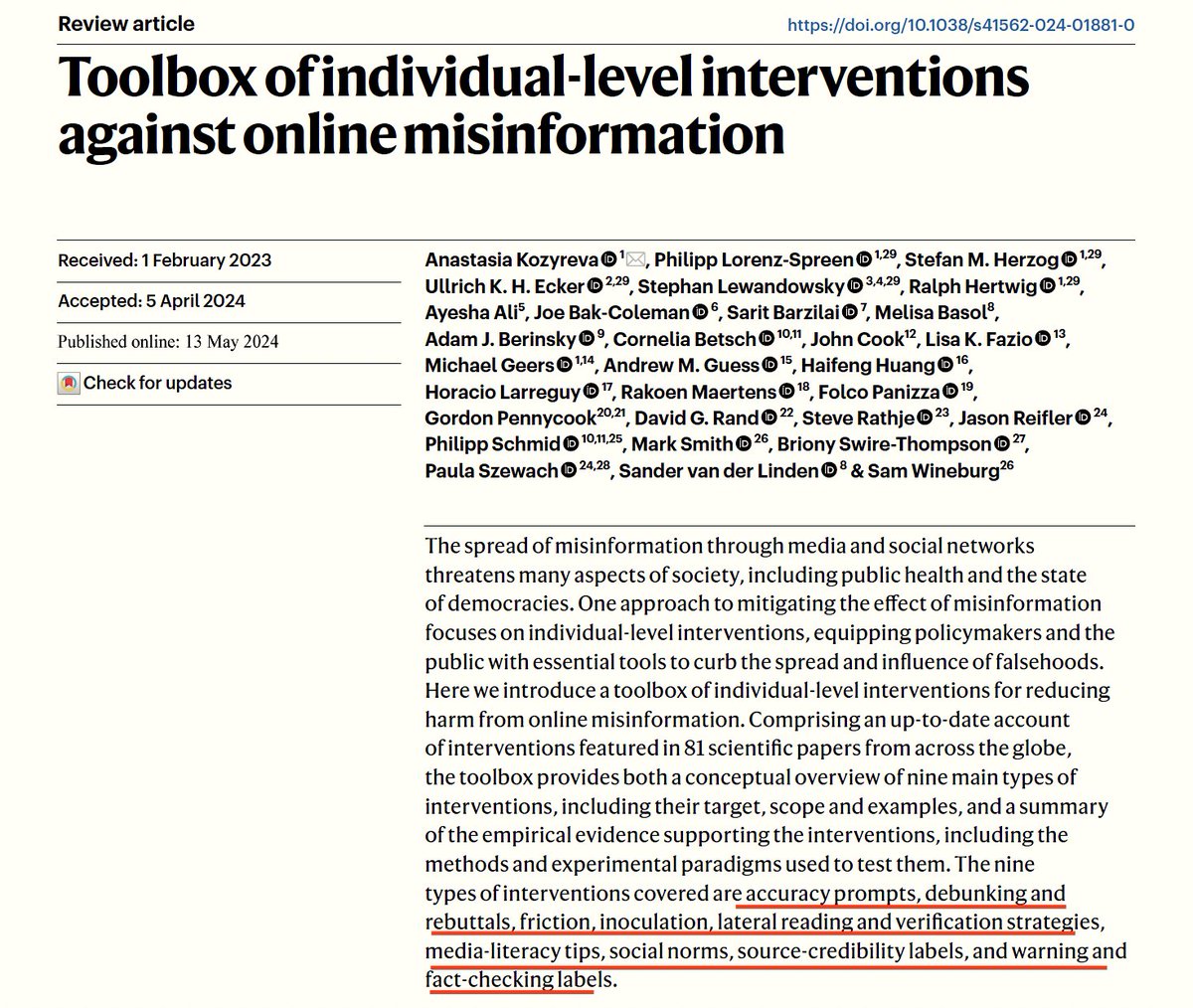 🚨Useful overview by superstar team! 🚨 Toolbox of individual-level interventions against online misinformation nature.com/articles/s4156… '...range of interventions designed to target users’ competences and behaviours in a variety of ways.' Fighting #misinformation (largely)…
