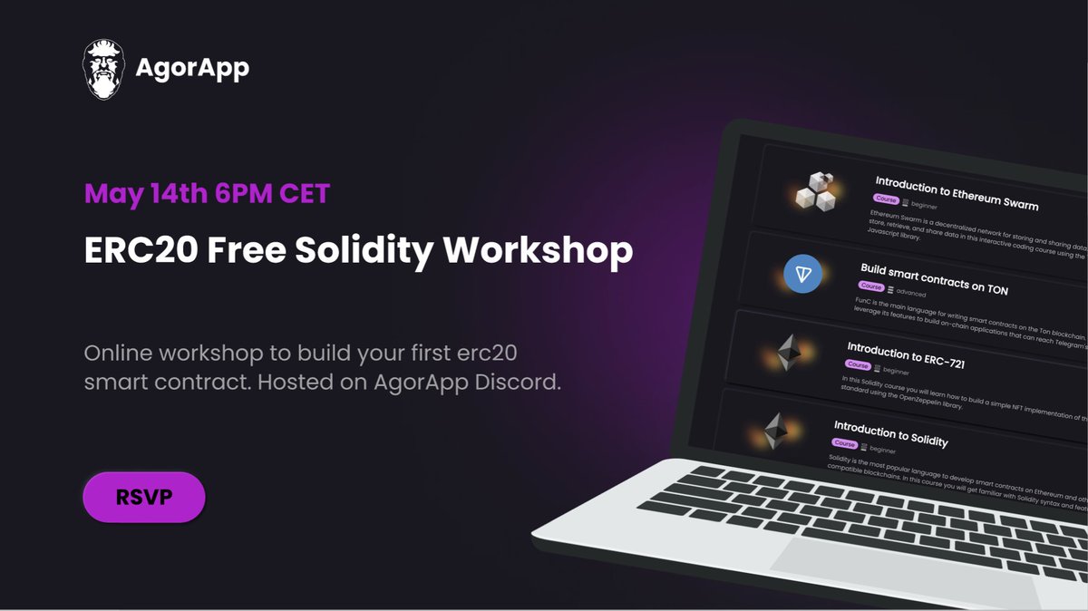 We apologize for the postponement of the last ERC20 workshop. But now it's on! Join us tomorrow via Discord at 18:00 CET/12:00 ET.

Make sure to be sitting in front of your laptop as you will be implementing your own token!

Sign up here: meetup.com/agorapps-free-…

Or just go to