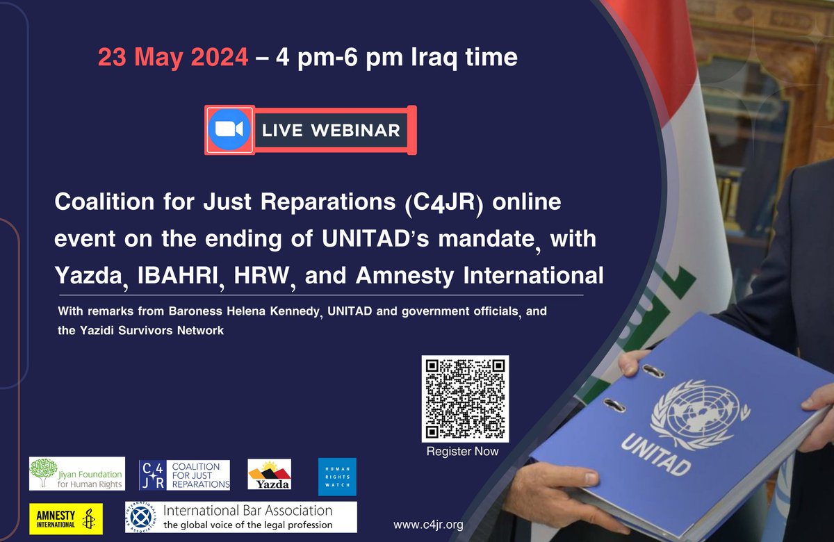 <a href="/UNITAD_Iraq/">UNITAD</a> <a href="/HelenaKennedyKC/">Baroness Helena Kennedy KC</a> <a href="/IBAHRI/">IBA's Human Rights Institute</a> <a href="/EwelinaUO/">Dr Ewelina U. Ochab</a> <a href="/SarahSanbar/">Sarah Sanbar</a> <a href="/AmnestyMENA/">Amnesty MENA</a> <a href="/nic_waldman/">Nicolette Waldman</a> <a href="/KRG_Coordinator/">Dr. Dindar Zebari</a> @natianavrouzov <a href="/YazdaOrg/">Yazda</a> <a href="/UN/">United Nations</a> 🗣️ What do survivors want to happen with the evidence that <a href="/UNITAD_Iraq/">UNITAD</a>  has collected on ISIL crimes in Iraq? 

What is the roadmap promising?

What is the current situation in #Iraq, who can access UNITAD-collected evidence &amp; how?

💻 Register to attend: us02web.zoom.us/webinar/regist…