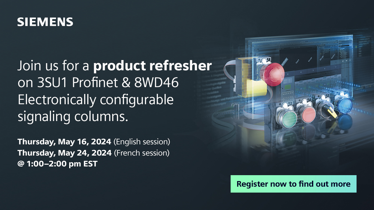 Join us for a product refresher session on our 3SU1 commanding and signaling with Profinet, highlighting its many advantages and benefits vs the standard wiring methods.

Register below!

sie.ag/7W6A3g