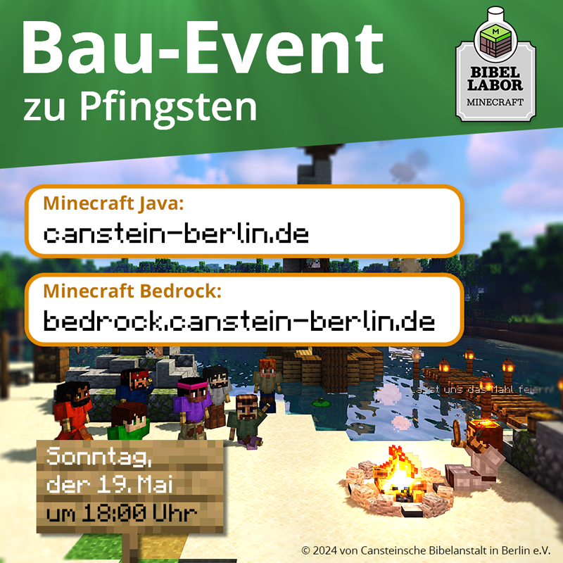 Lasst uns zusammen in der Zeit zurückreisen und das Pfingst-Geschehen erleben: Wir bauen die Geschichte auf unserem #Minecraft Server nach und lernen die Bedeutung von #Pfingsten kennen.

canstein-berlin.de/pfingst-baueve…

Wir freuen uns auf euch!

#Bibel #digitalekirche #Bauevent