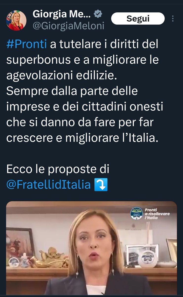 @FratellidItalia Cialtroni, avete votato e difendevate il superbonus fino alla vigilia delle elezioni (17 settembre 2022). Cialtroni. x.com/giorgiameloni/…