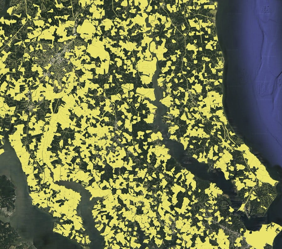 Here's an image of 50+ acre properties in Southern Maryland highlighted in yellow. The big takeaway: Working together on a landscape scale is key to connecting up habitat for wildlife. Which is why I'm excited that this Wednesday, May 15, at noon... Dr. Andrew Little