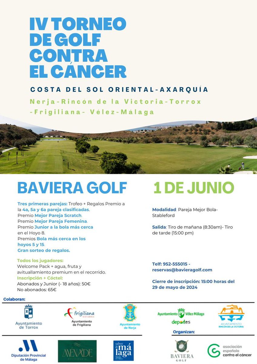 Últimas plazas para el torneo benéfico de la Costa del Sol Oriental que se celebra este año en @bavieragolf, el 1 de junio, a favor de @ContraCancerEs Pareja Mejor Bola Stableford. 🏌️Información en el ☎️ 952-555015 👉nextcaddy.com/tour/55722 #TodosContraElCáncer