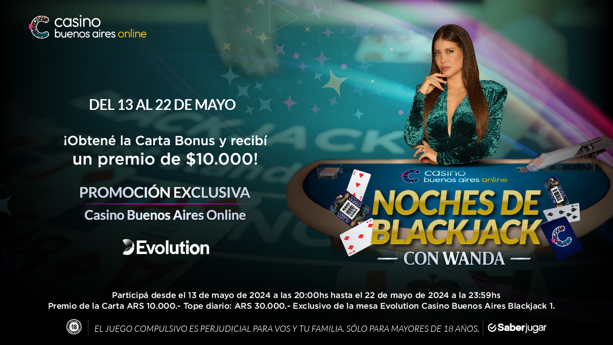 NOCHES de #blackjack con WANDA 💸
🔢 ¡Obtené una carta BONUS y recibí un premio de $10.000!
🔄 Válido desde el 13 al 22 de mayo. 
 Exclusivo de la mesa Evolution Casino Buenos Aires Blackjack 1.
.
#JuegoResponsable #JuegoLegal #JuegoSeguro