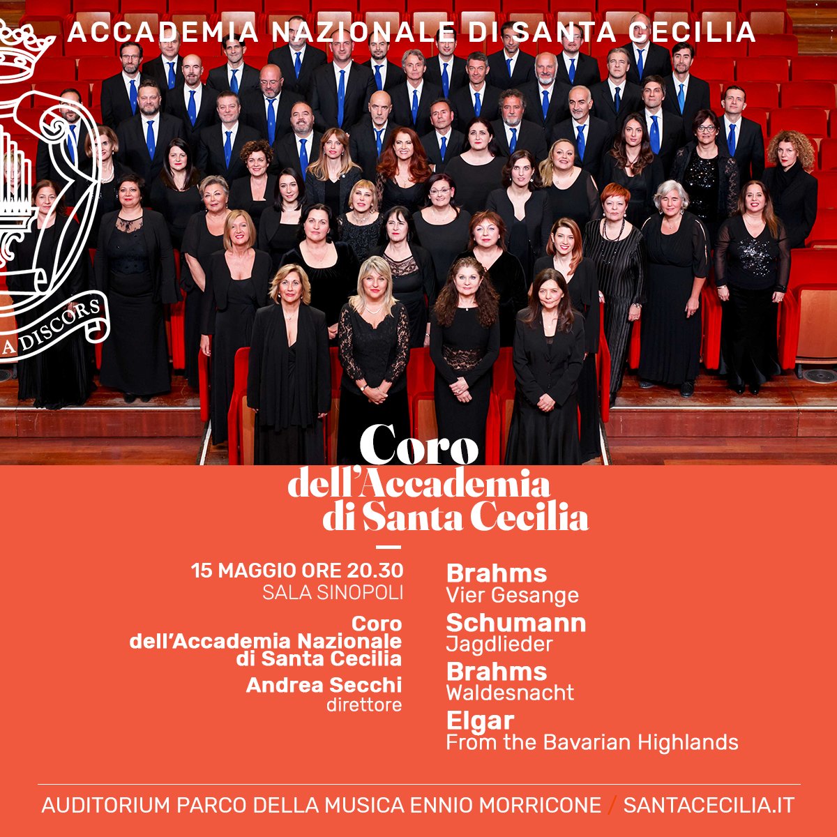 Un concerto imperdibile il 15 maggio con il nostro #Coro protagonista dell'ultimo appuntamento della stagione di musica da camera 23/24. Il programma, interamente dedicato alla natura, prevede brani di raro ascolto di #Brahms, #Schumann ed #Elgar. 🎫 santacecilia.it/concerti