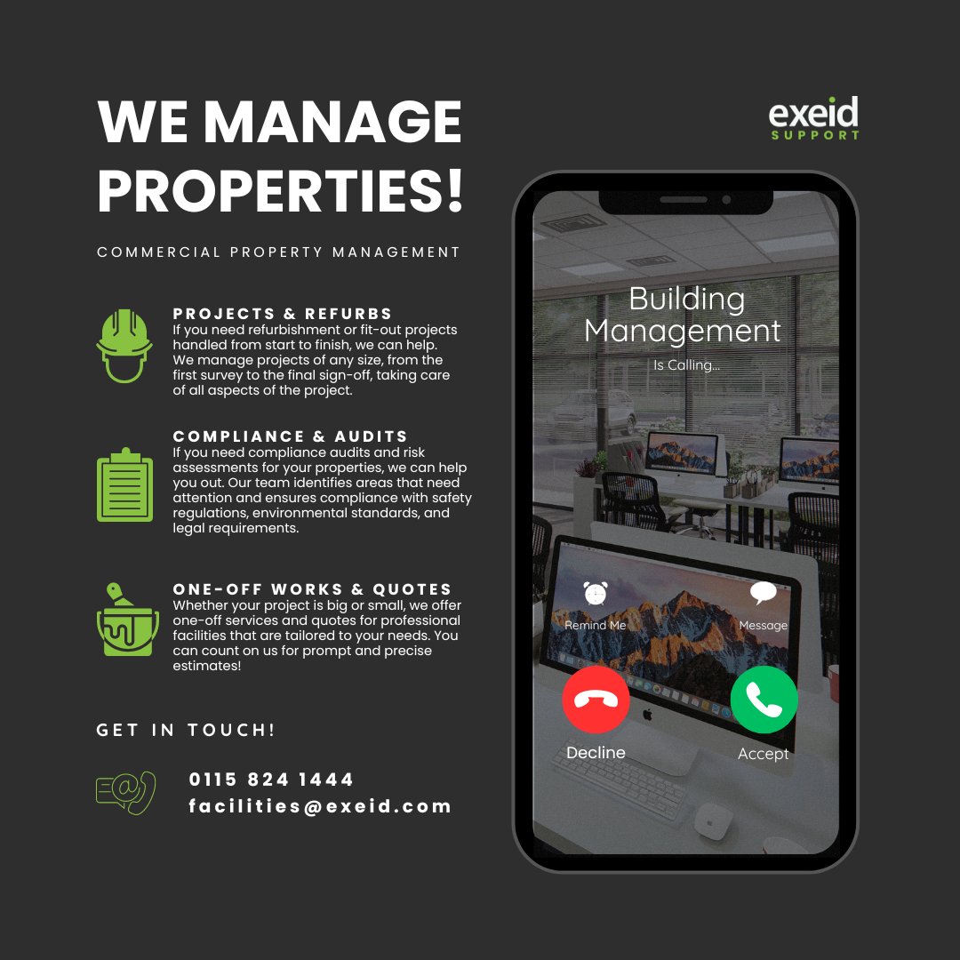 Managing Properties Made Easy, We Do it All! 🏢🙌 No matter the size of your project, we've got you covered 💼👷‍♀️
01158241444
facilities@exeid.com
#CommercialBuildingManagement #FacilitiesManagement #PropertyManagement #CommercialProperty #RealEstateManagement #landlordproblems