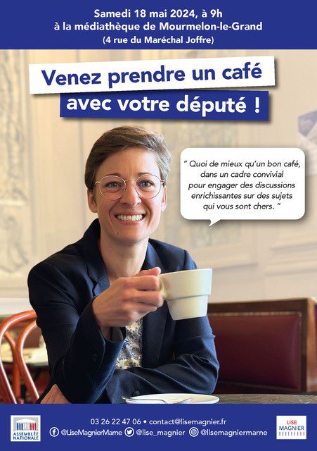 🗓️Rendez-vous le 18 mai prochain à 9h pour mon 5ème café de la députée à Mourmelon-le-Grand.